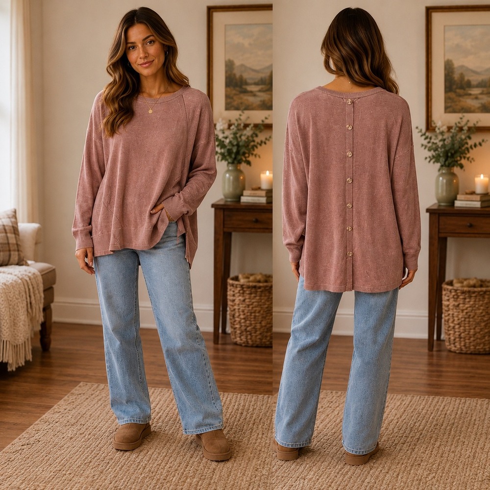 Mine Sweater Pink Button Back High Low Hem Boho Cottagecore Relaxed Fall Small